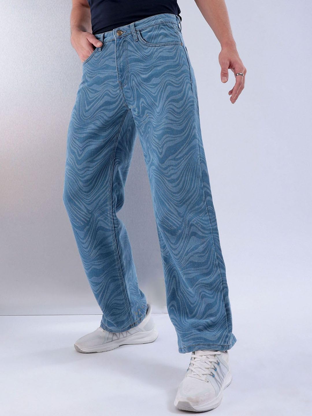 The Indian Garage Co Men Baggy Abstract Mid-Rise Stretchable Jeans Blue