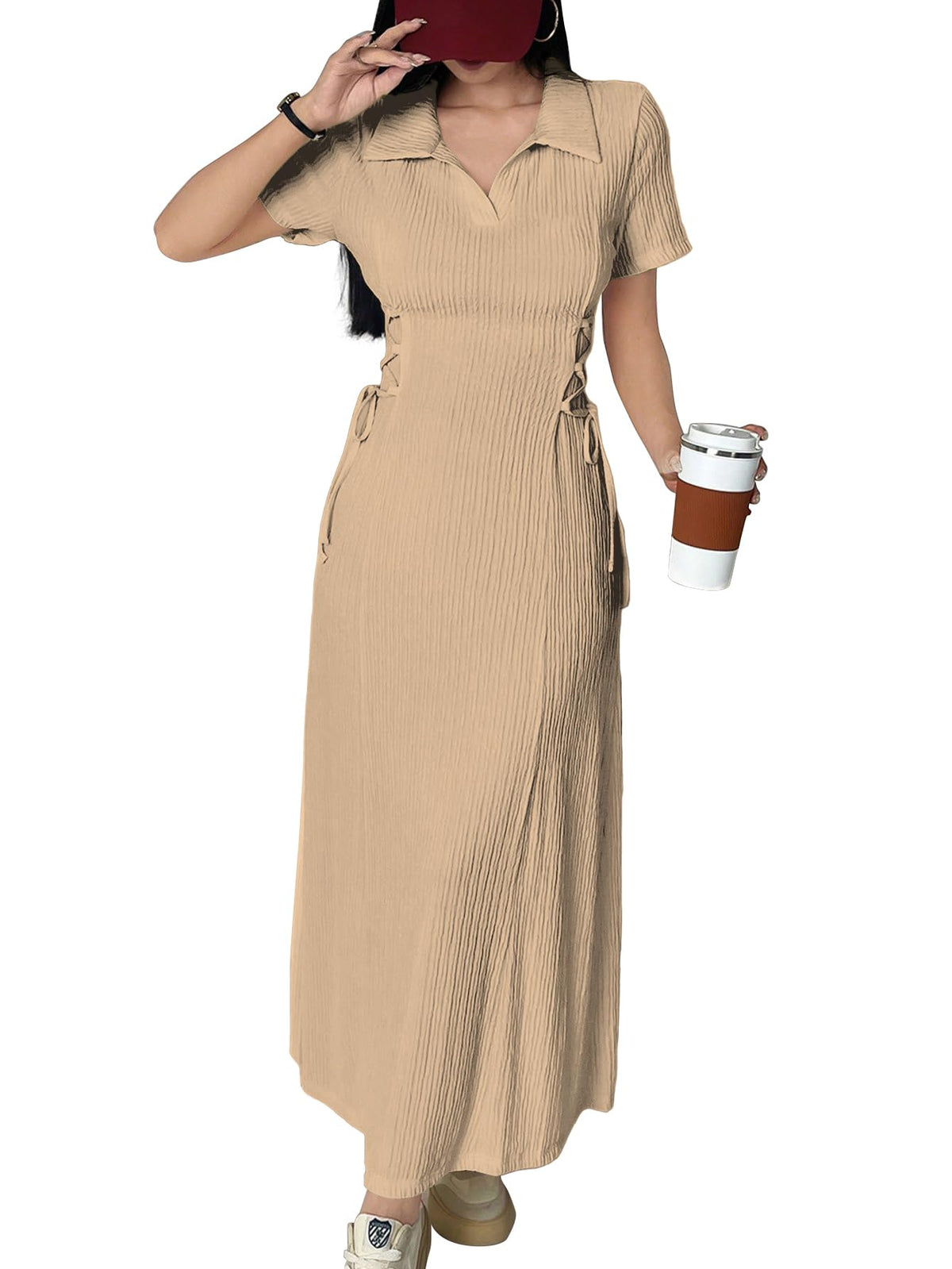 Shasmi Womens Skin Solid Color Applique Lace-Up Collared Short Sleeve, Side-Tie Waist Long Casual Maxi Women Dress Outfit Long E