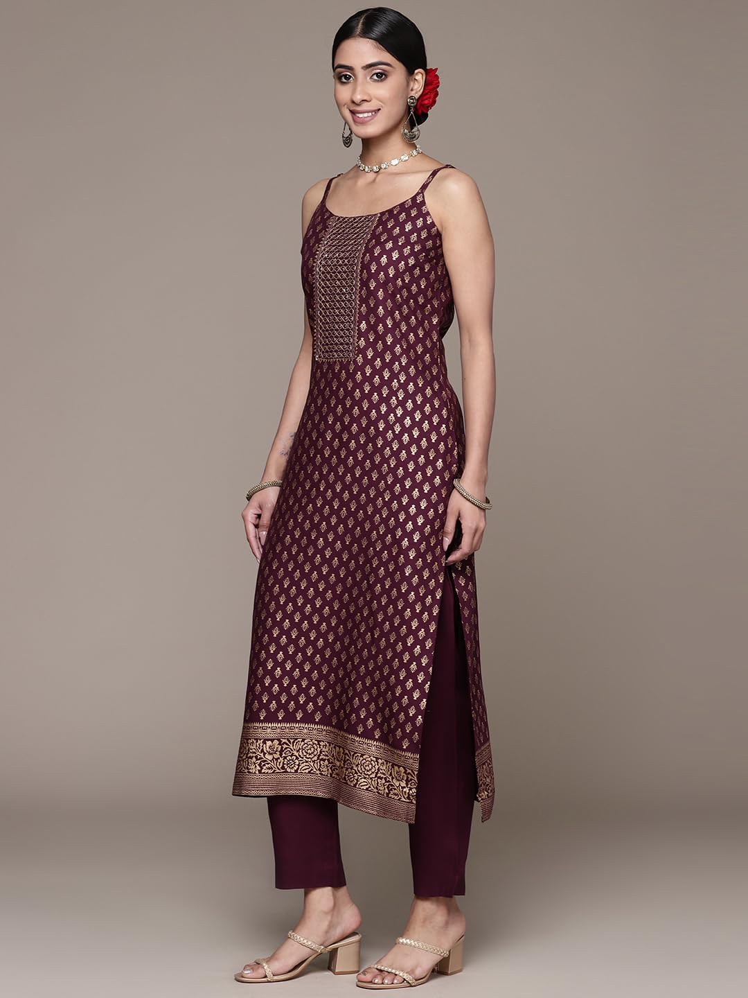 ishin Women's Viscose Rayon Printed Burgundy Straight Kurta Suit Set with Pants