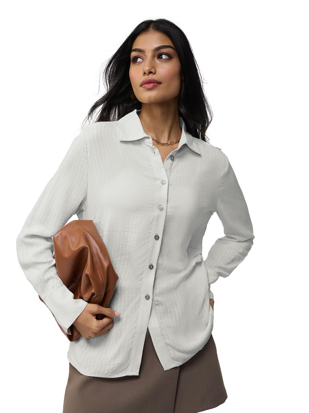 The Souled Store Side Rouching Shirt: Off White Women and Girls Long Sleeves Collared Neck Button Front Slim Fit Viscose Shirts