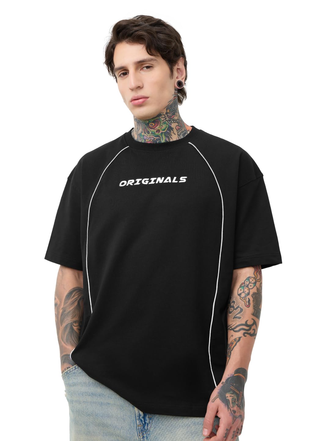 The Souled Store Luminous Men and Boys Short Sleeves Round Neck Black Graphic Printed Cotton Oversized T-Shirts