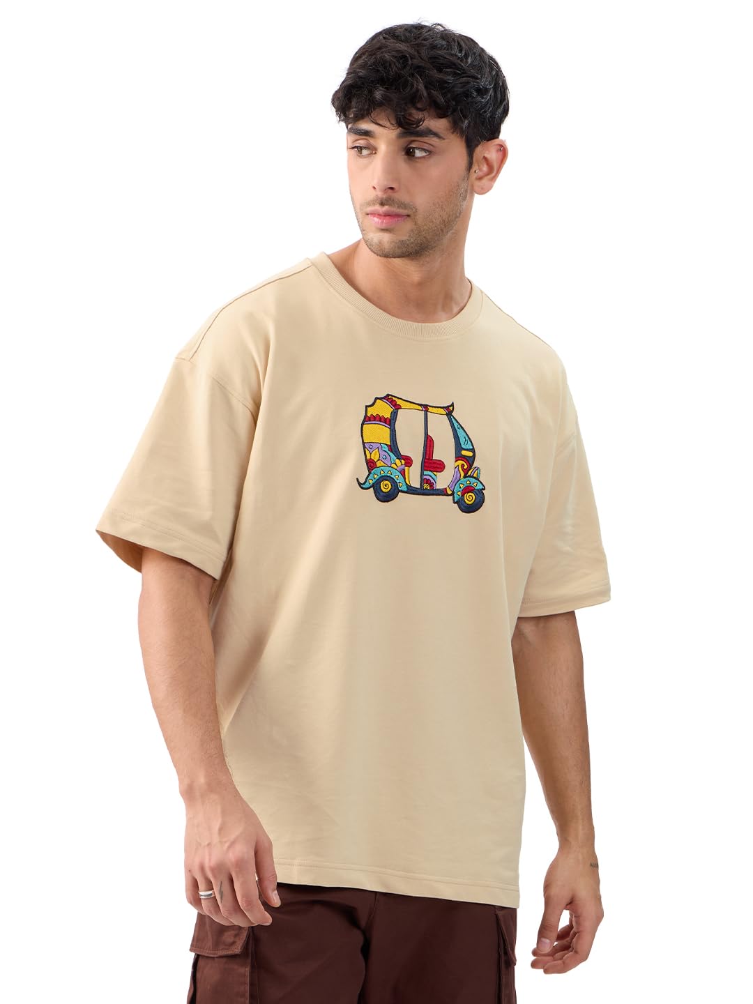 The Souled Store Auto Men and Boys Short Sleeves Round Neck Beige Embroidered Cotton Oversized T-Shirts