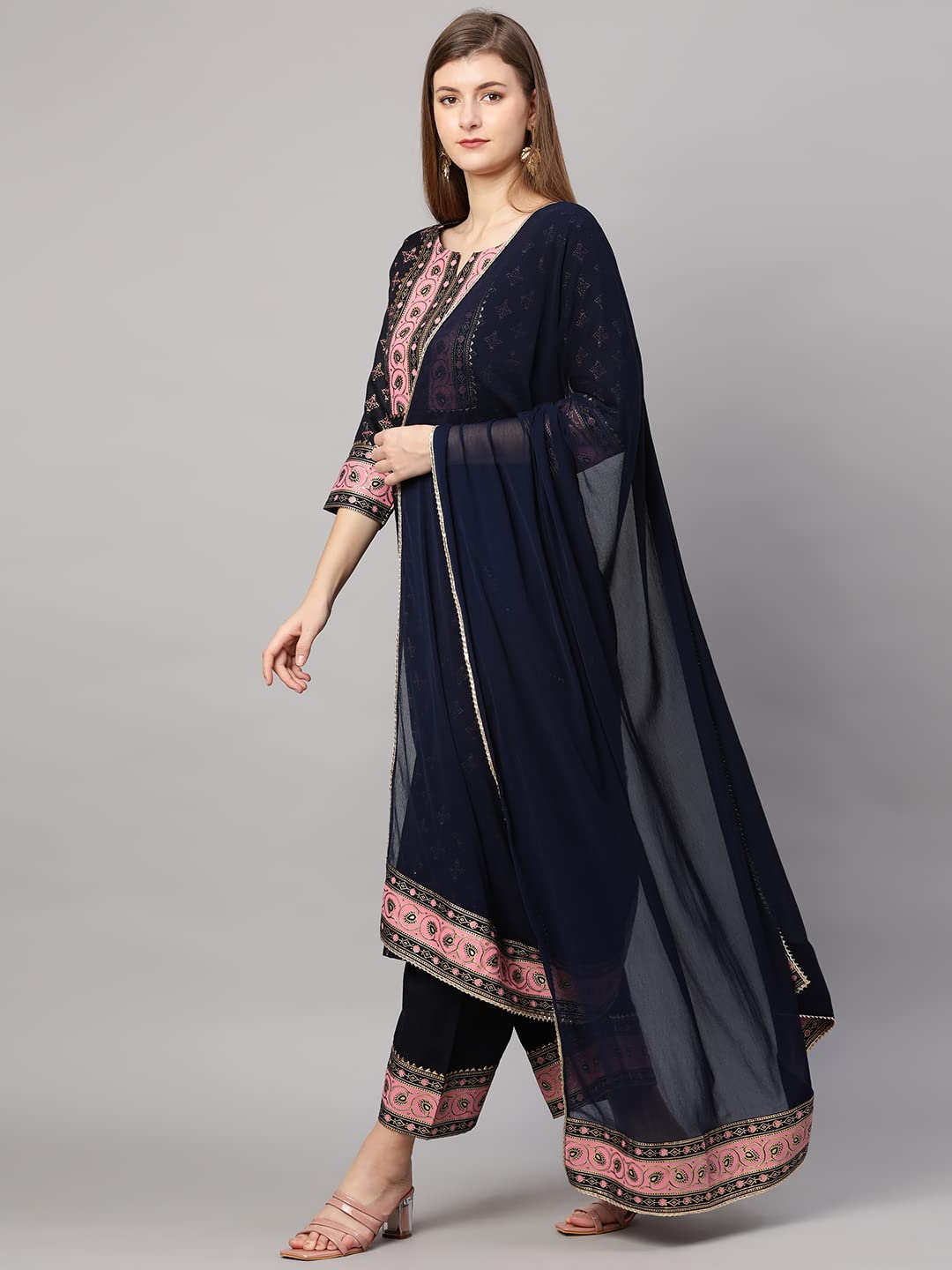 GoSriKi Women's Cotton Blend Straight Printed Kurta with Pant & Dupatta (Sitara-GO)