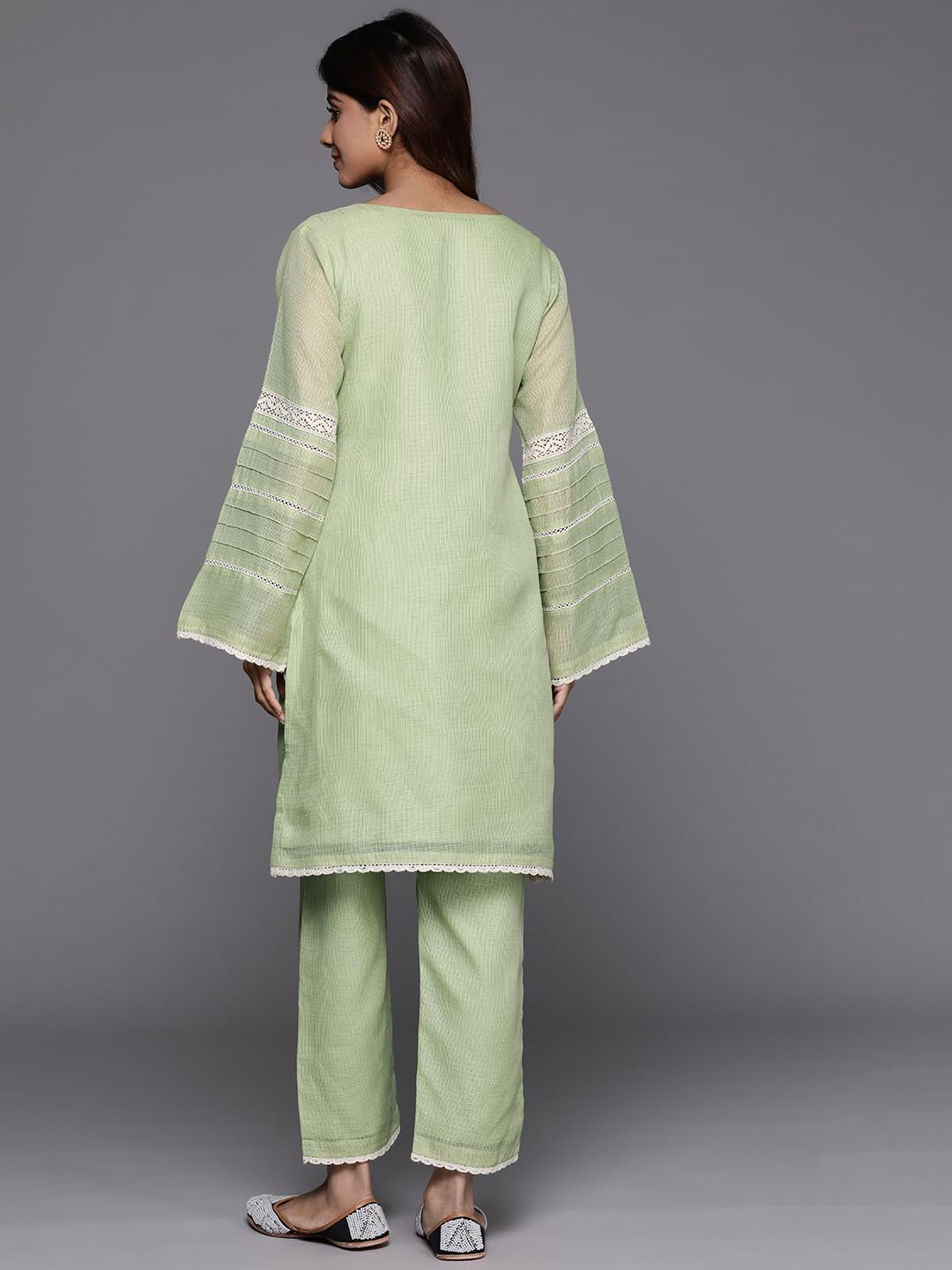 Varanga Women Green Kota Check Cotton Lace Short Kurta With Bottom, Round Neck With Keyhole Detail, Long Sleeves, Side Slits, To