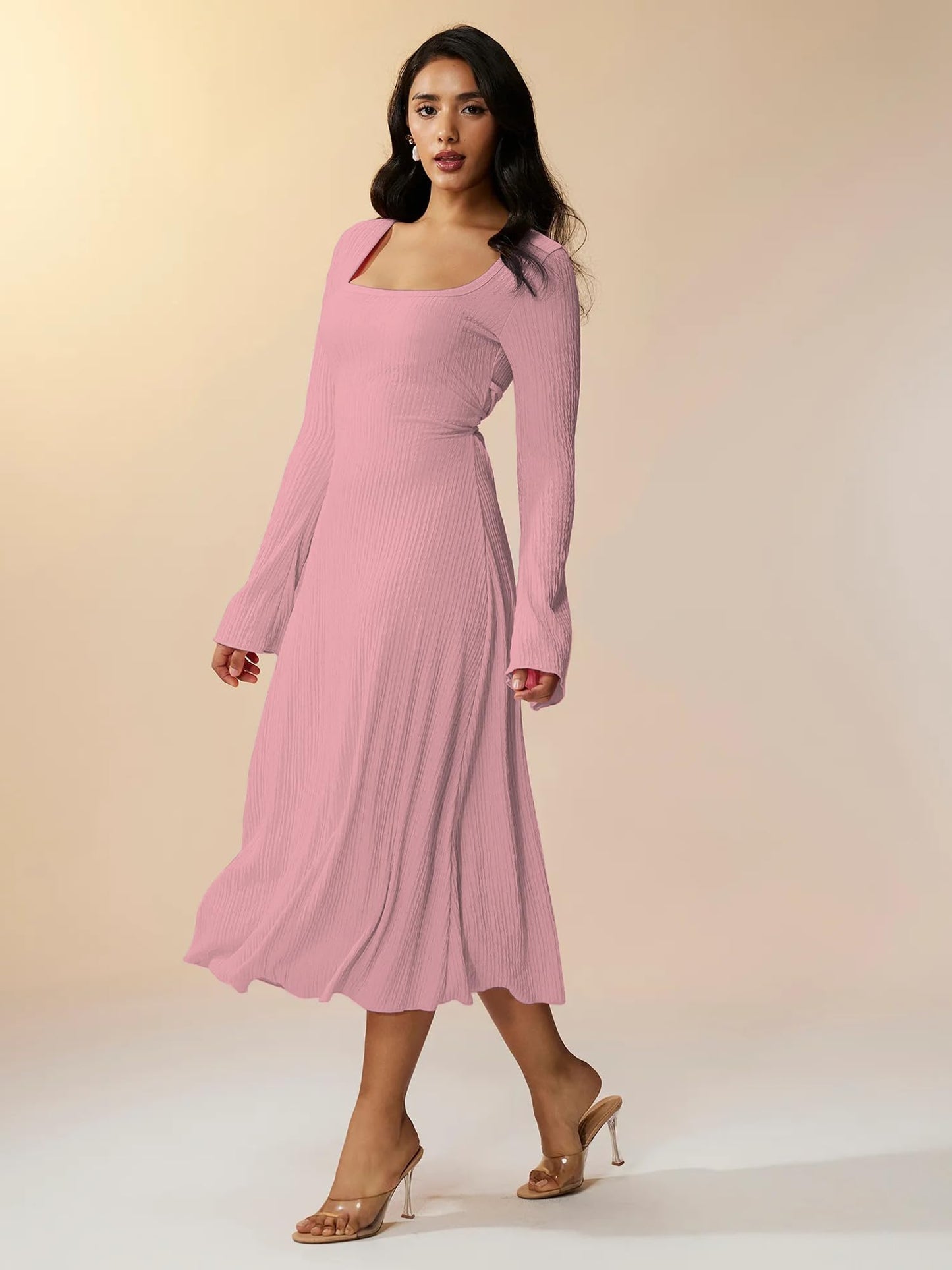 Shasmi Womens Pink Square Neck A-Line Dress Long Sleeve, Tie Waist, Knitted Stretchable, Casual & Office Outfit, Solid Winter M