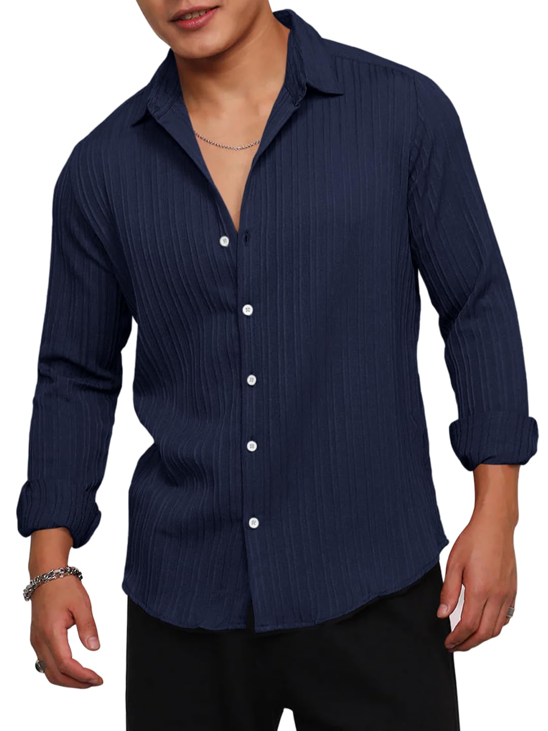 Finivo Fashion MenS Casual Cotton Striped Button Down Shirts Long Sleeve Textured Summer Beach Shirt For Men Navy