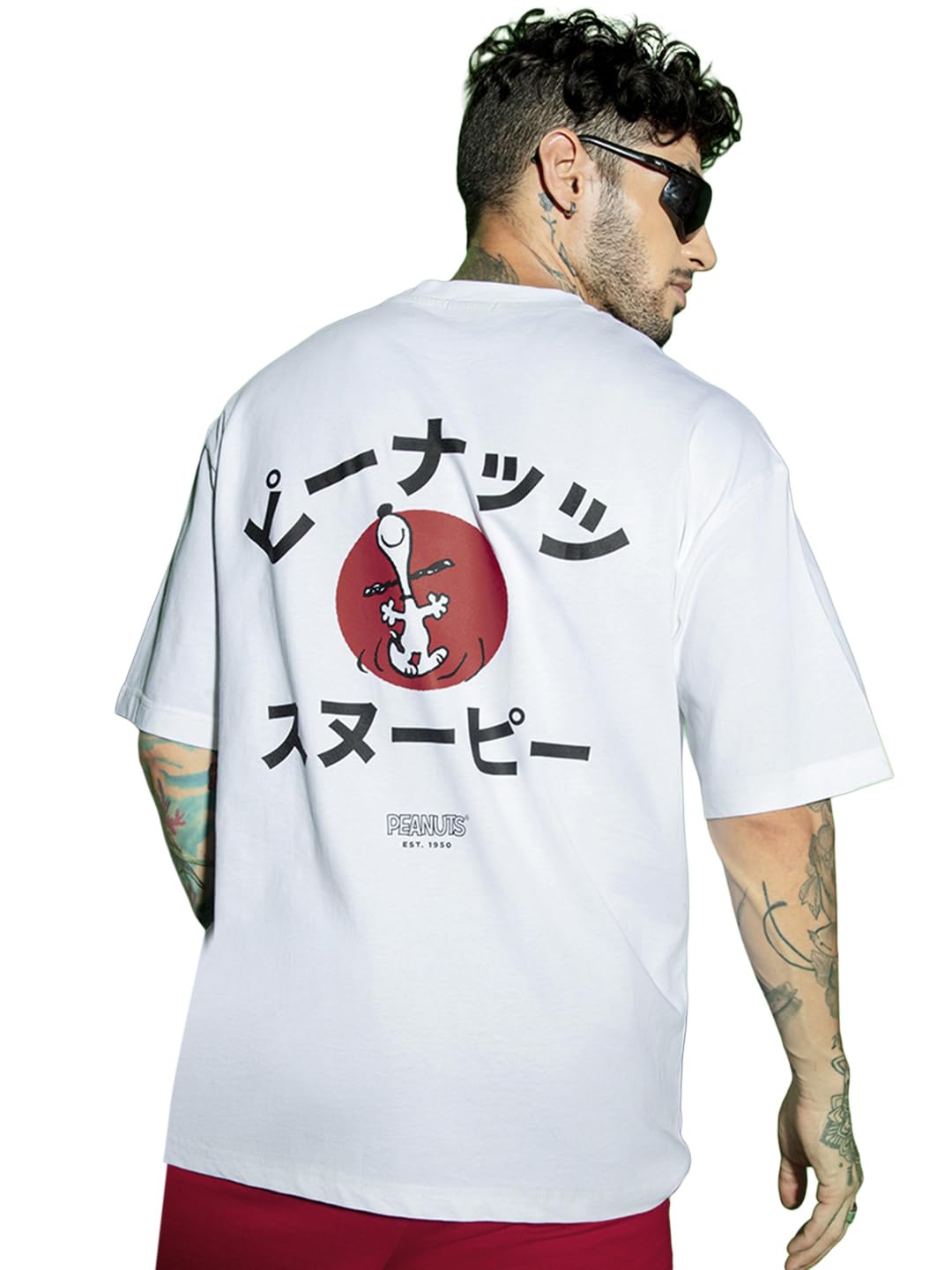 Bewakoof Official Peanuts Merchandise MenS Snoopy Jap Graphic Print Cotton Jersey T-Shirt - Oversized Fit, Round Neck, Half Slee