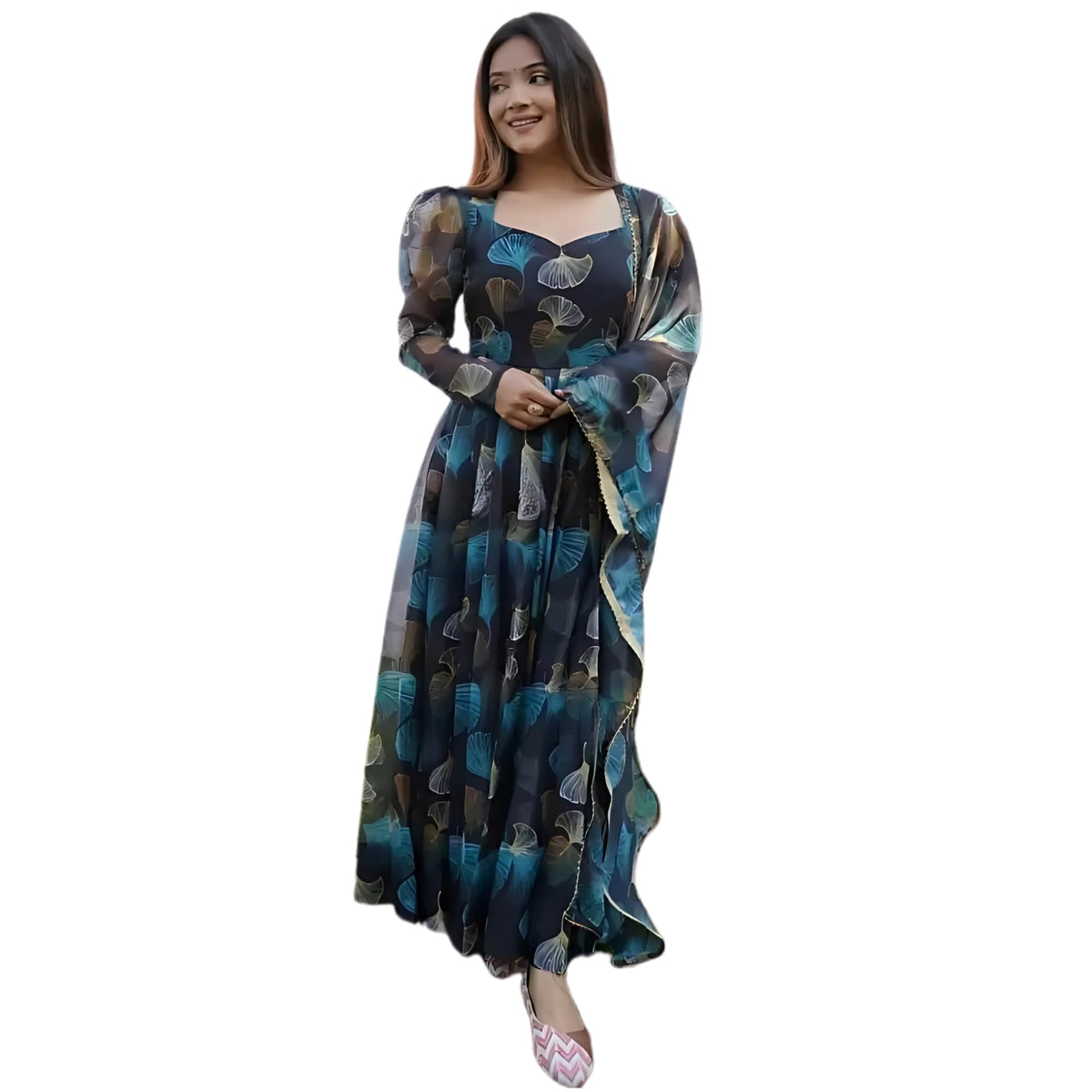 Anveri Textiles WomenS Georgette Floral Printed Kurta Set | V Neck Full Sleeves Regular Fit Flared Ankle Length Kurta And Print
