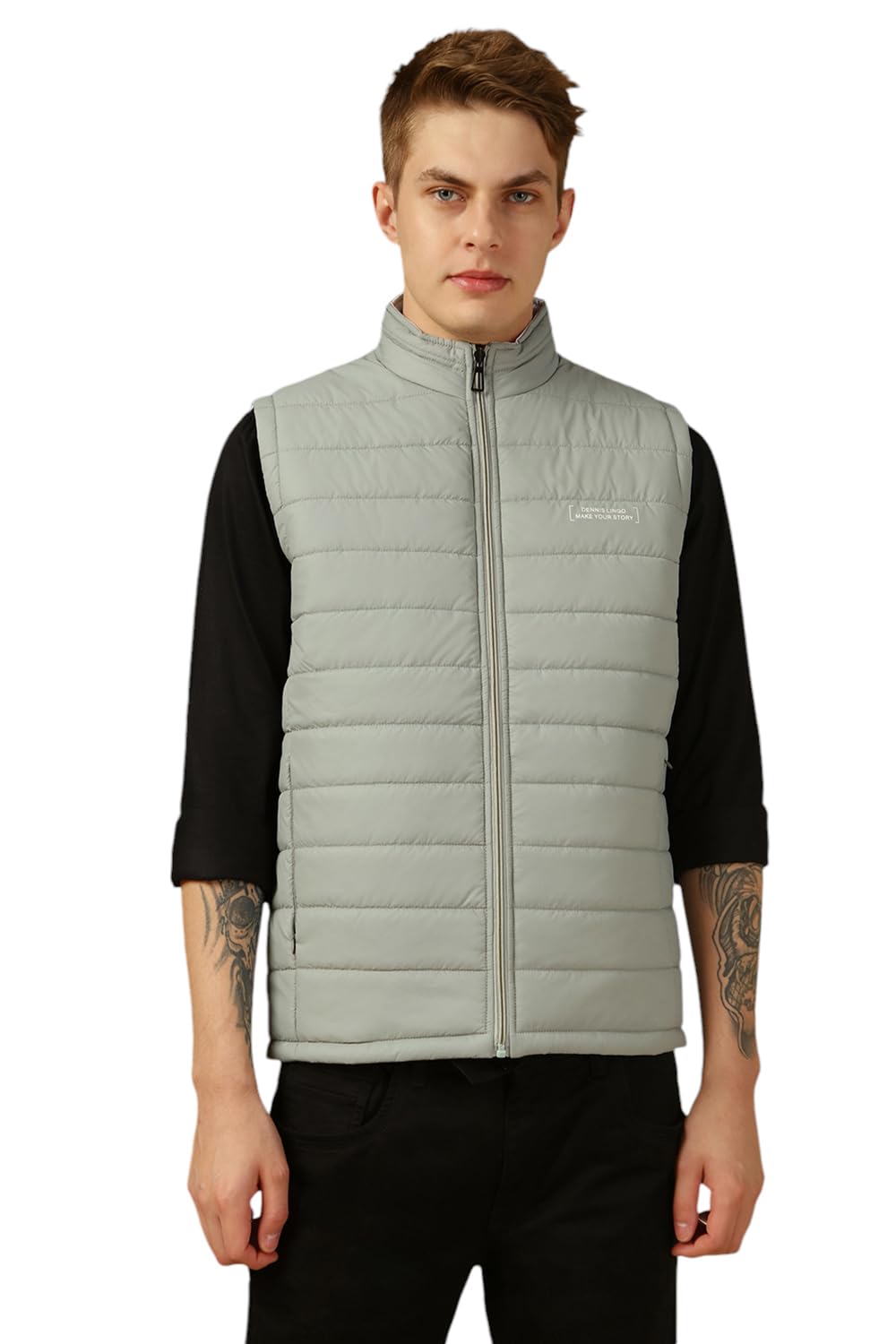 Dennis Lingo Men Grey Solid Regular Fit Sleeveless Mock Collar Padded Jacket