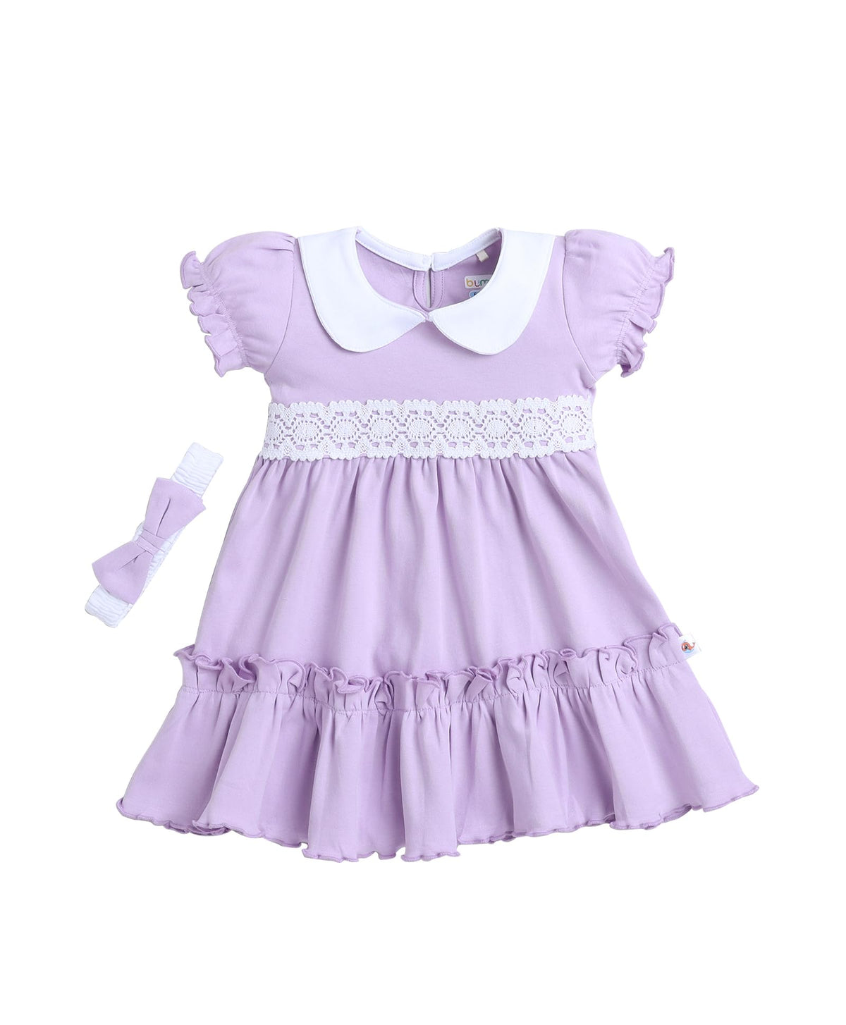 Bumzee Lavender Girls Half Sleeves Cotton Knee Length Frock with Headband Age - 6-12 Months (Peb9066C-lvd)