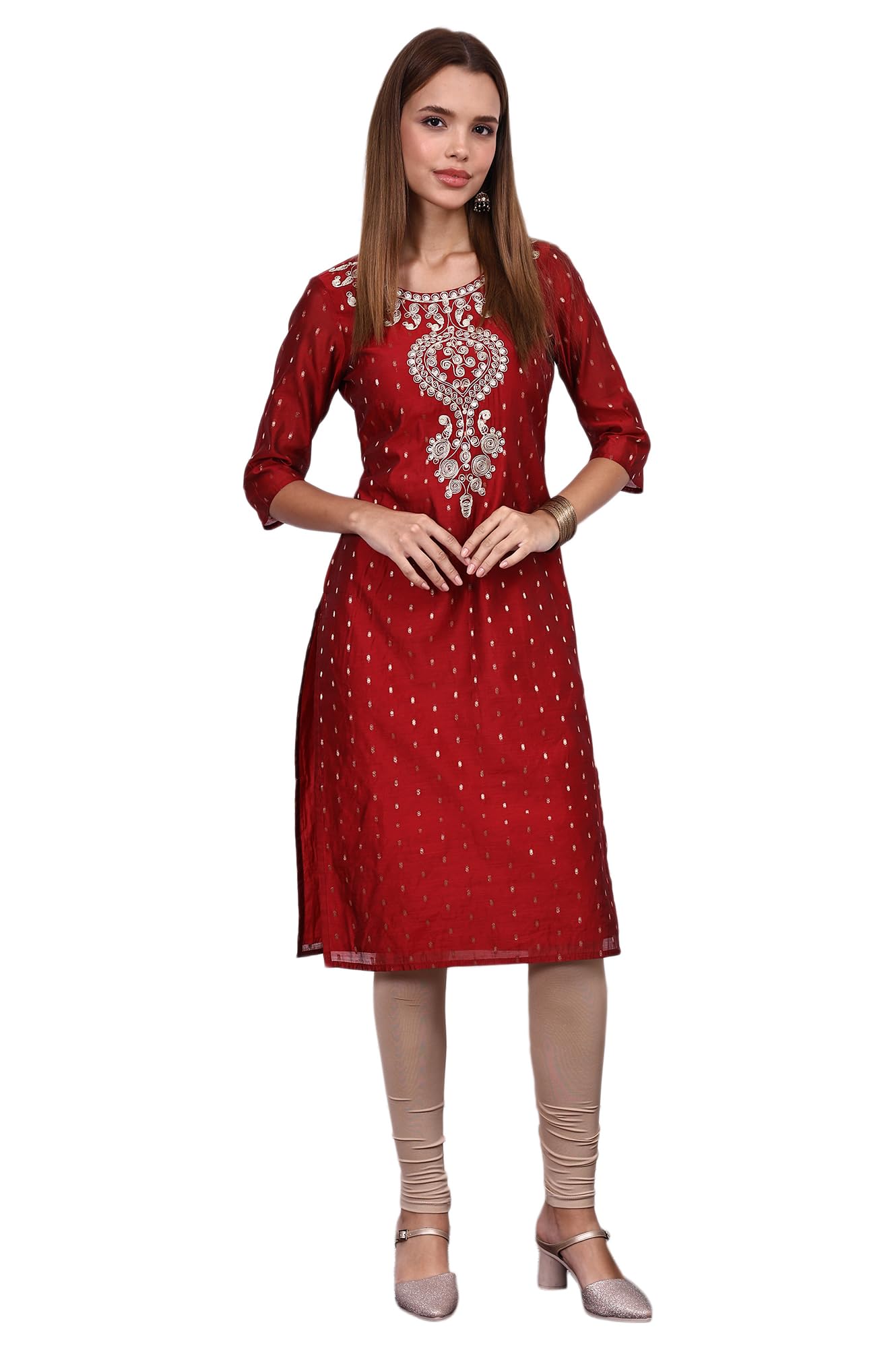 Aurelia Women's Red Dori Embroidered Chanderi Jacquard Straight Festive Kurta (Size: M)-A16095-705790