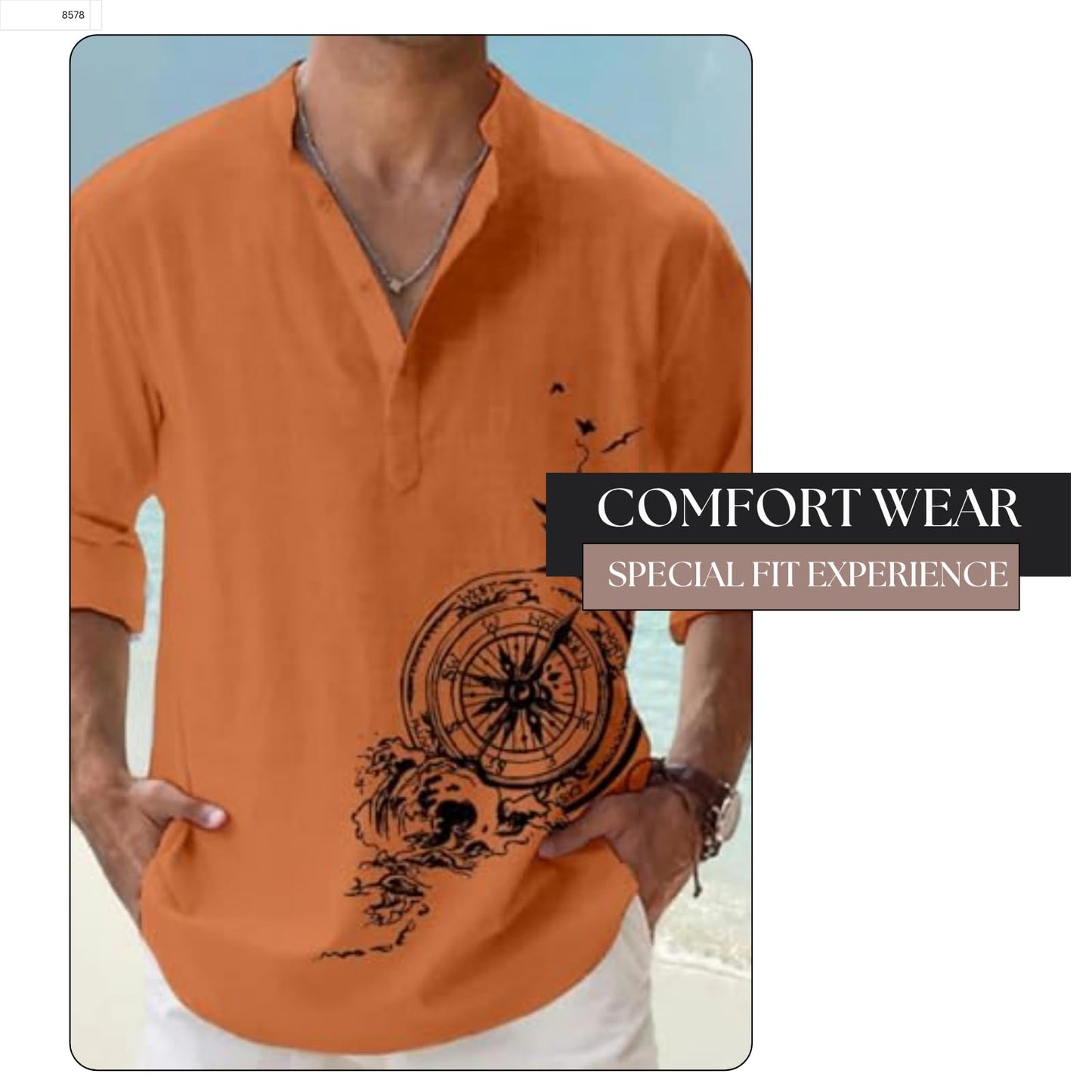Deemoon MenS Cotton Blend Mandarin Collar Self One Design Full Sleeve Casual Short Kurta Orange