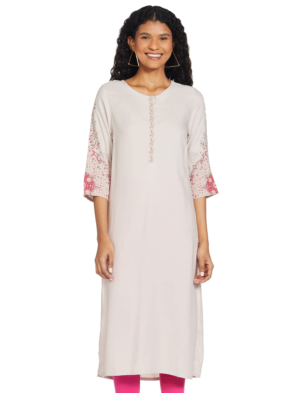W Light Pink Floral Printed Regular Kurta for Women