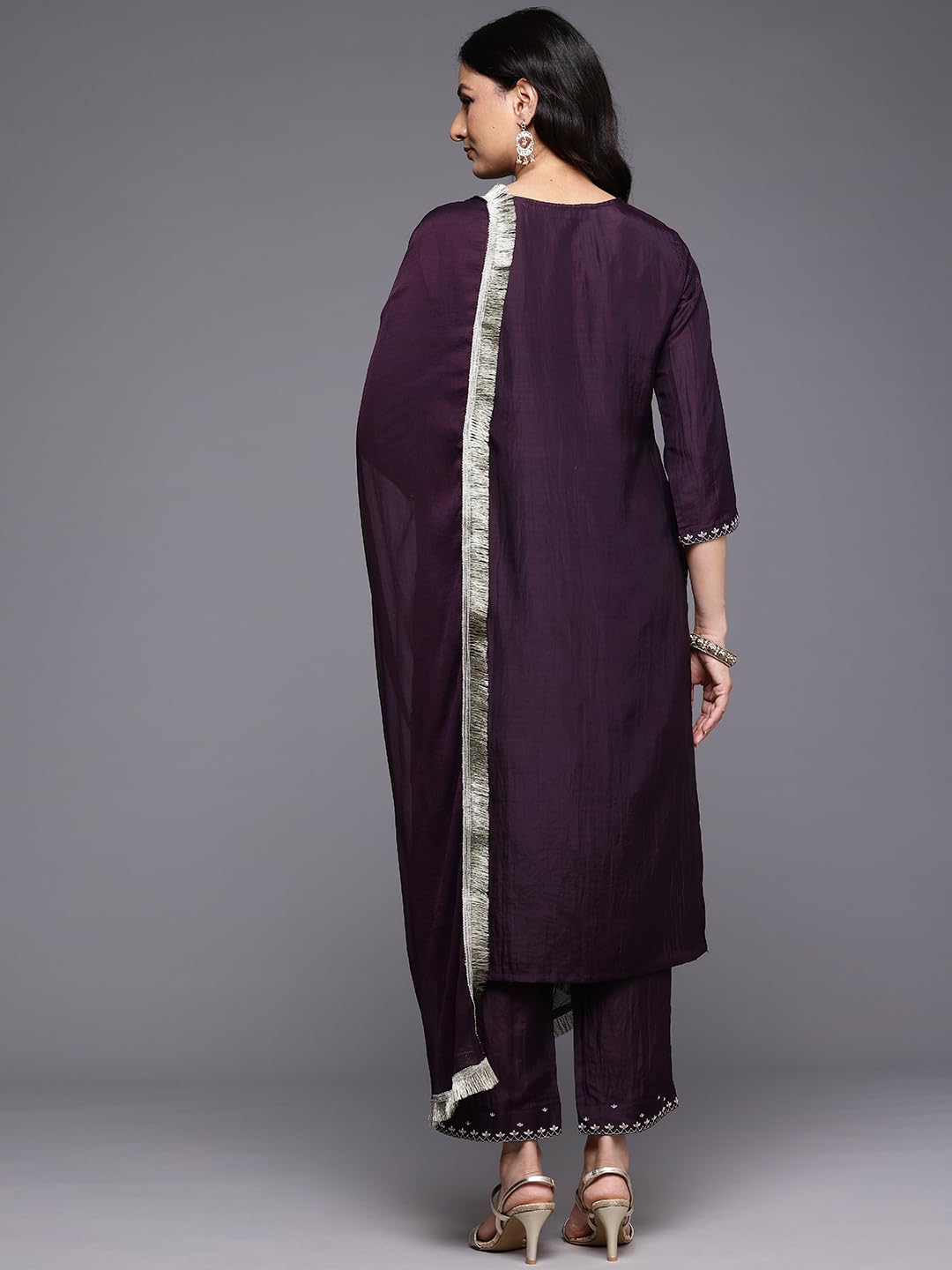 Varanga Women Purple Thread Embroidered Sequins Embellished Straight Kurta Paired With Bottom And Dupatta