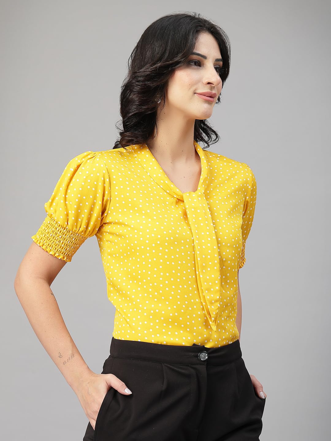 Style Quotient Women Polka Printed Yellow White Polycrepe Semi Formal Top