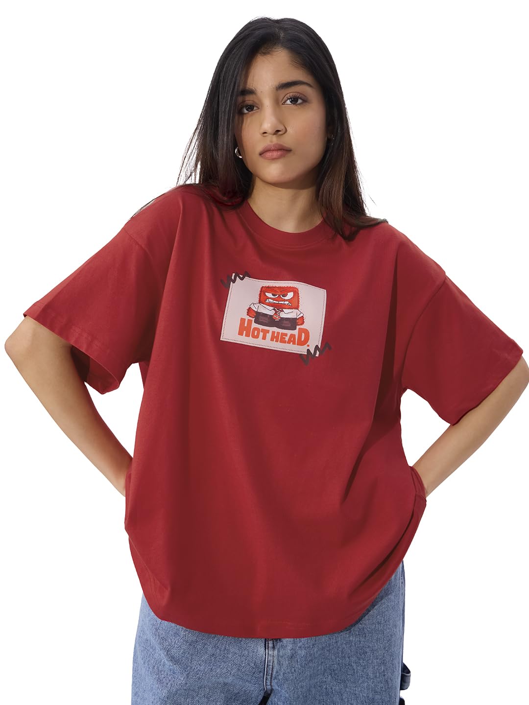The Souled Store Official Inside Out Originals: Anger Women and Girls Short Sleeve Round Neck Black Graphic Printed Cotton Overs