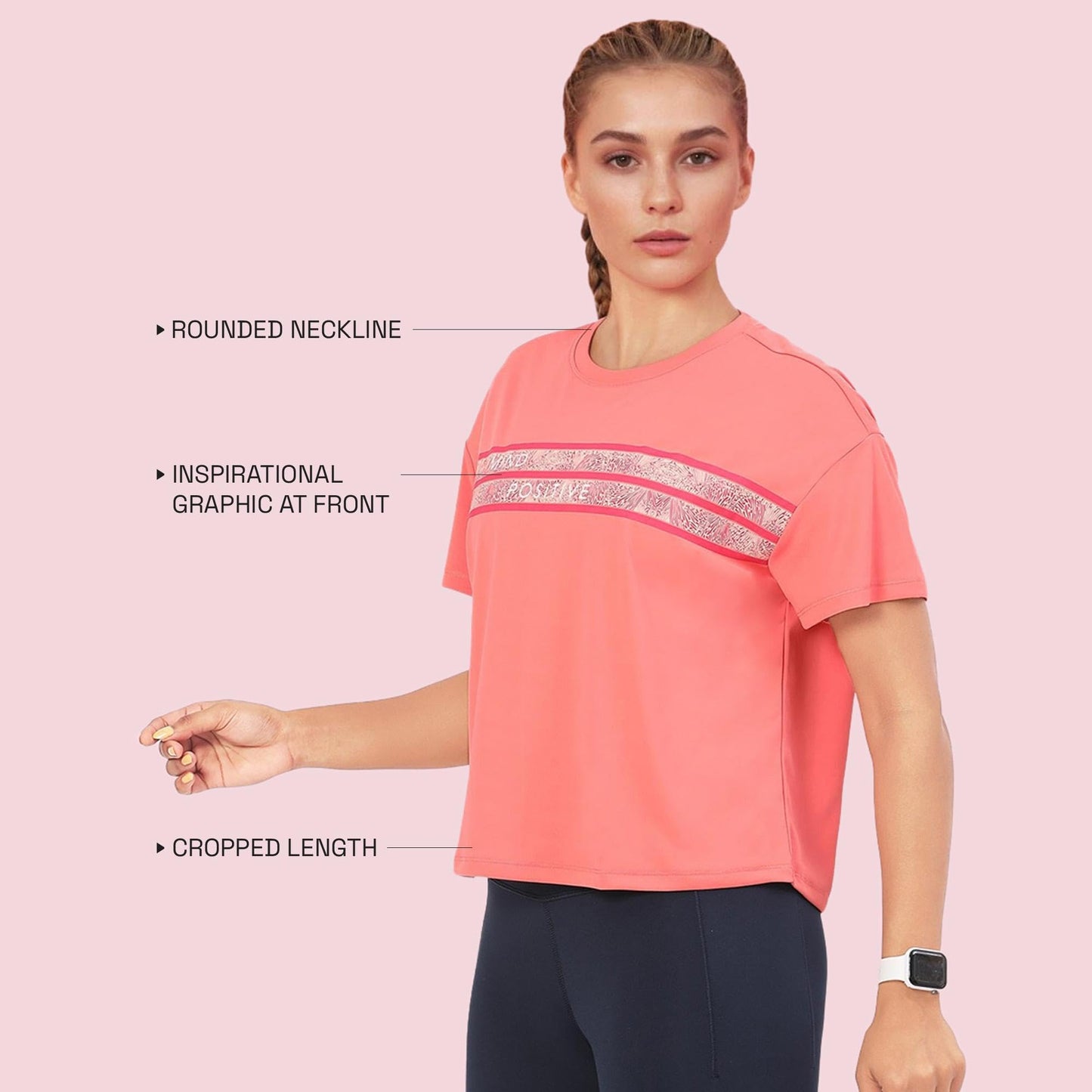 Enamor Womens Graphic Oversized Fit T-Shirt (A311_Coral Pink-Mind Positive