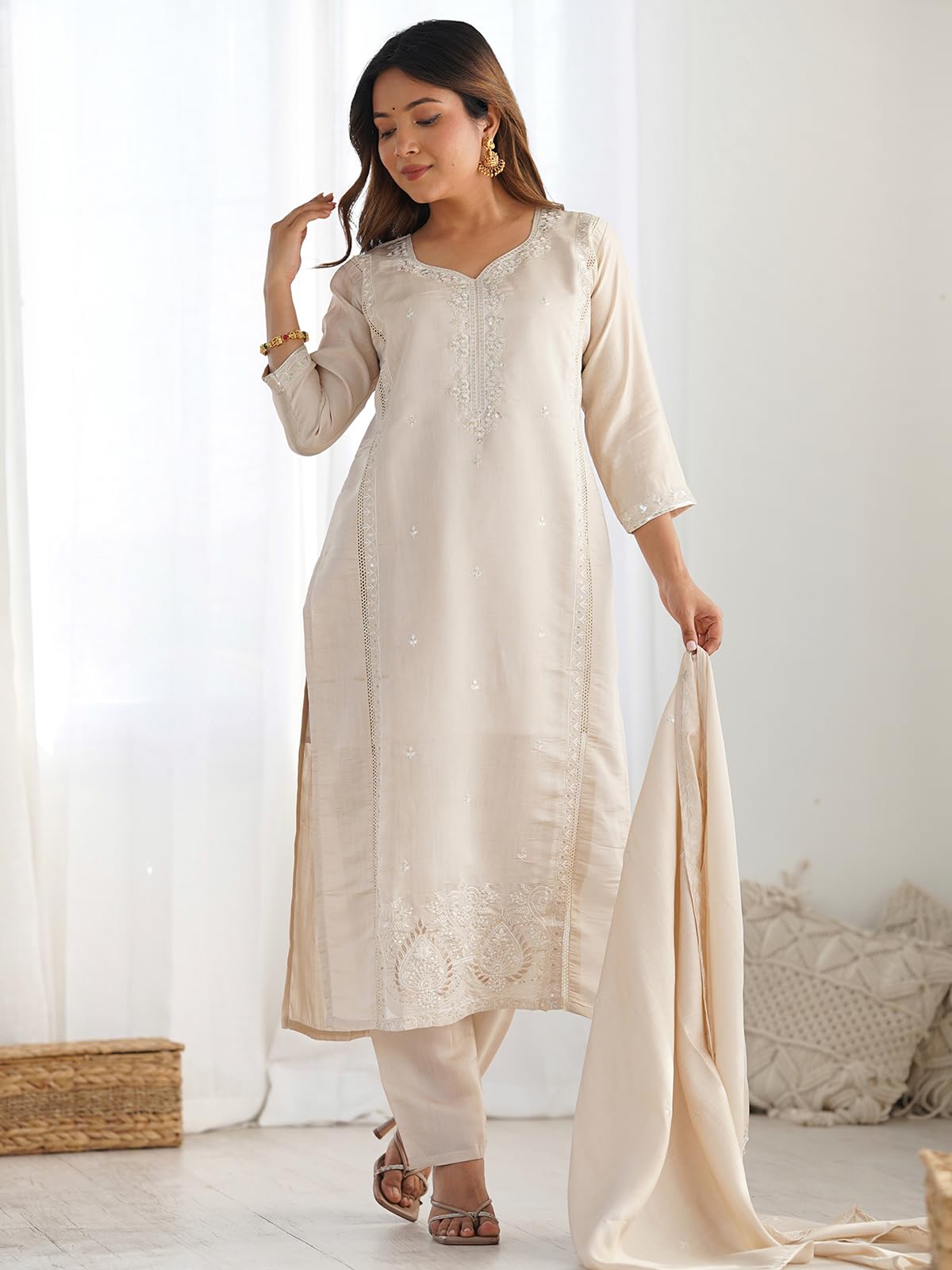 Sanisa Women's Silk Sequins and Embroidery Straight Kurta with Pant and Dupatta Set