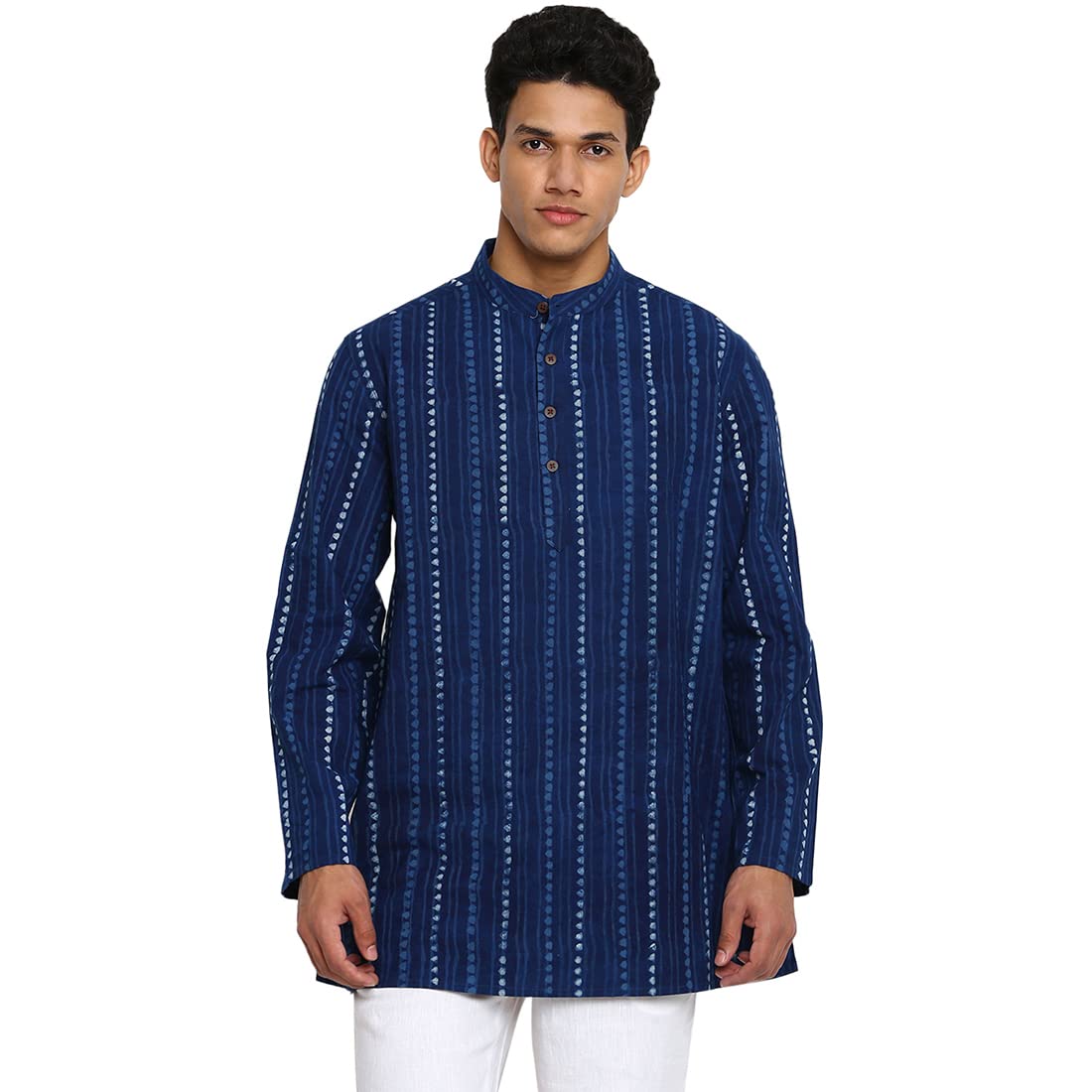 Fabindia Men Cotton Printed Short Kurta Navy_S