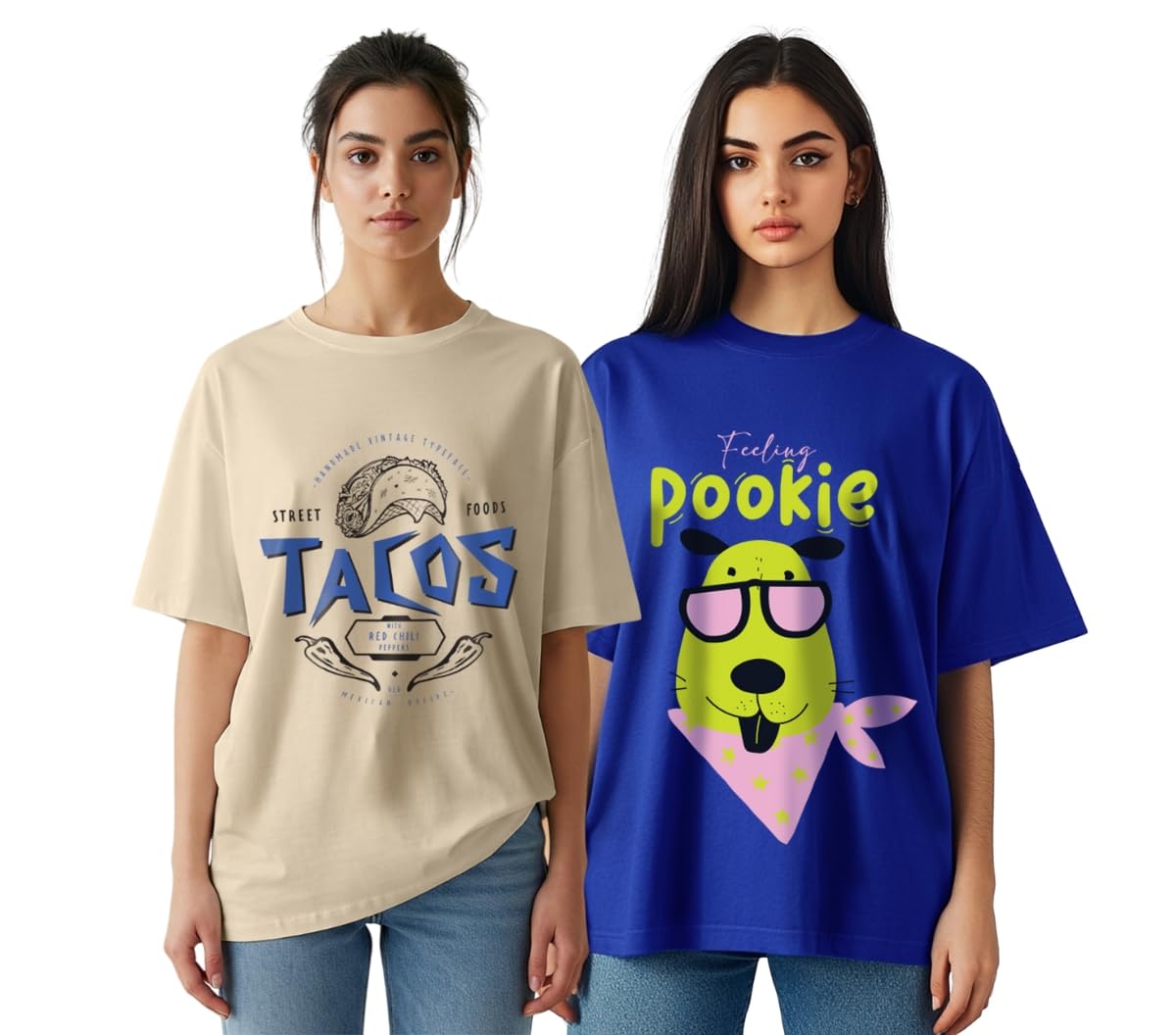 Juneberry Pack Of 2, 100% Pure Cotton, Round Neck, Oversized, Loose, Baggy Fit, Drop Shoulder, Graphic Printed, Half Sleeve T-Sh