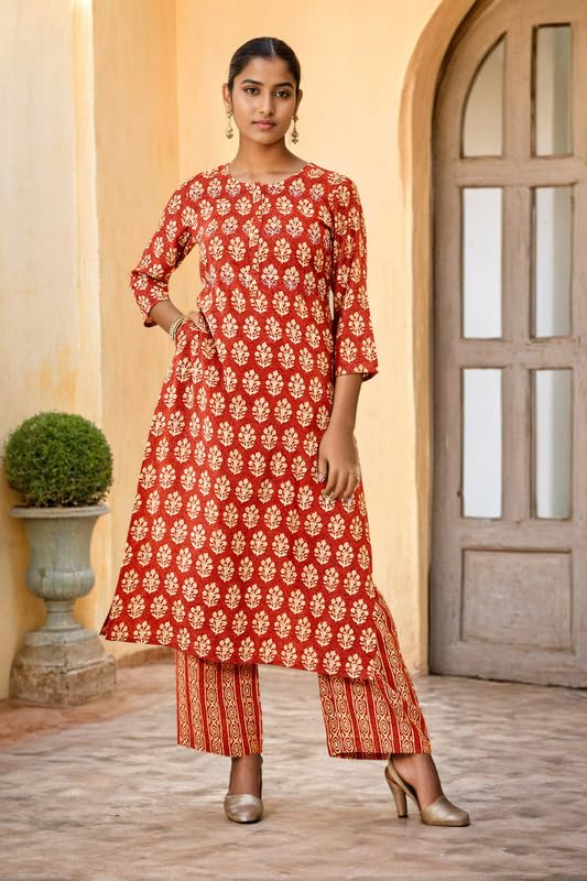 Soch Womens Rust Muslin Floral Print Kurta Sets with Pocket