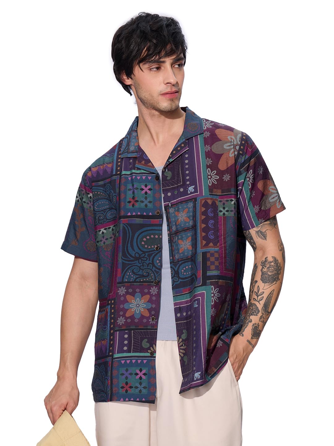 The Souled Store Dark Paisley Men and Boys Short Sleeves Collared Neck Button Front Regular Fit All Over Printed Rayon Blend Hol