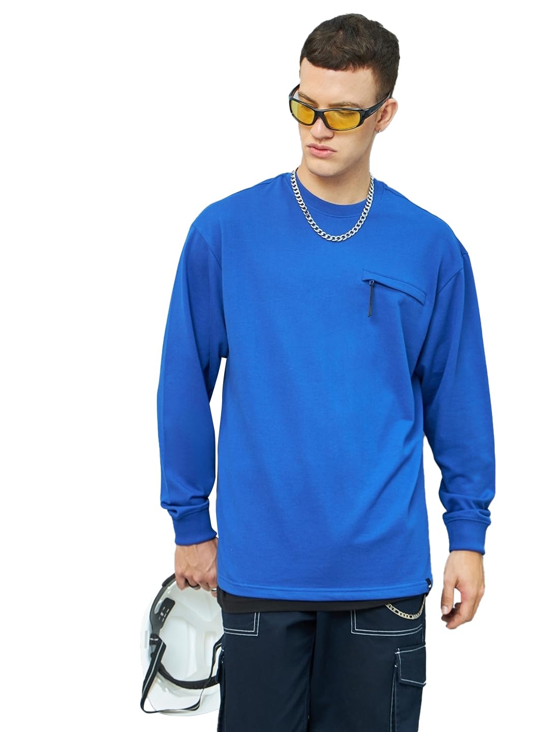 Bewakoof Heavy Duty 1.0 Mens Solid Super Loose Fit Full Sleeve Round Neck Terry T-Shirt_617044_Blue_M