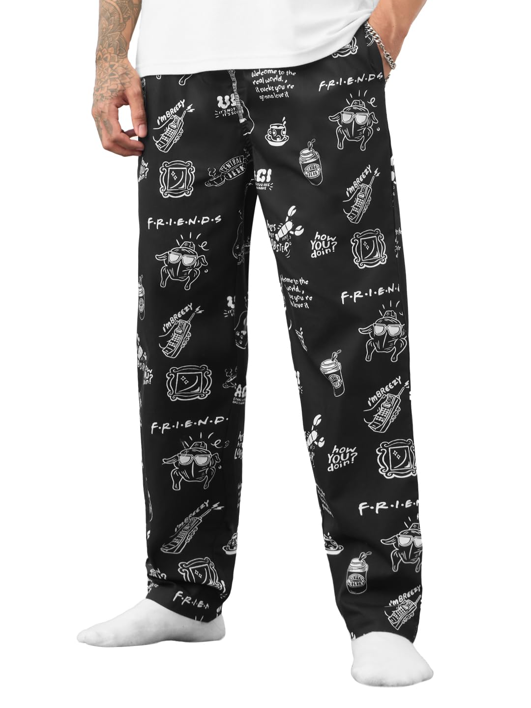 The Souled Store FRIENDS: Doodle Men and Boys Drawstring Waist Black All Over Printed Cotton Regular Fit Lightweight All-Season