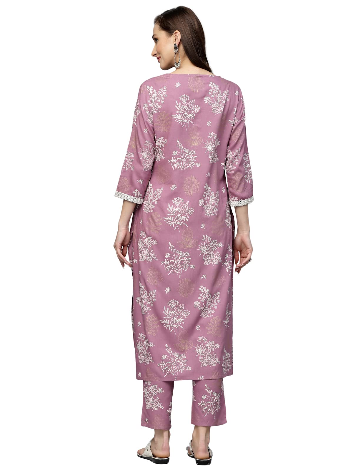 Stylum Women's Floral Printed Rayon Kurta Pant Set (Purple)