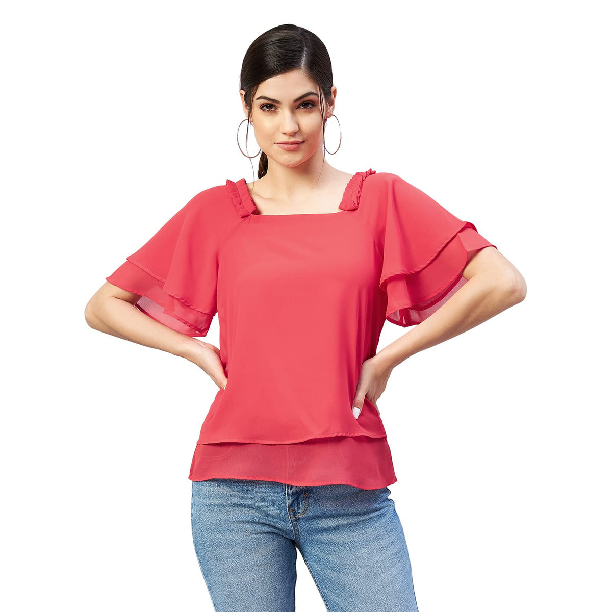 Rare Women Casual Red Colour Square Neck Solid Regular Top