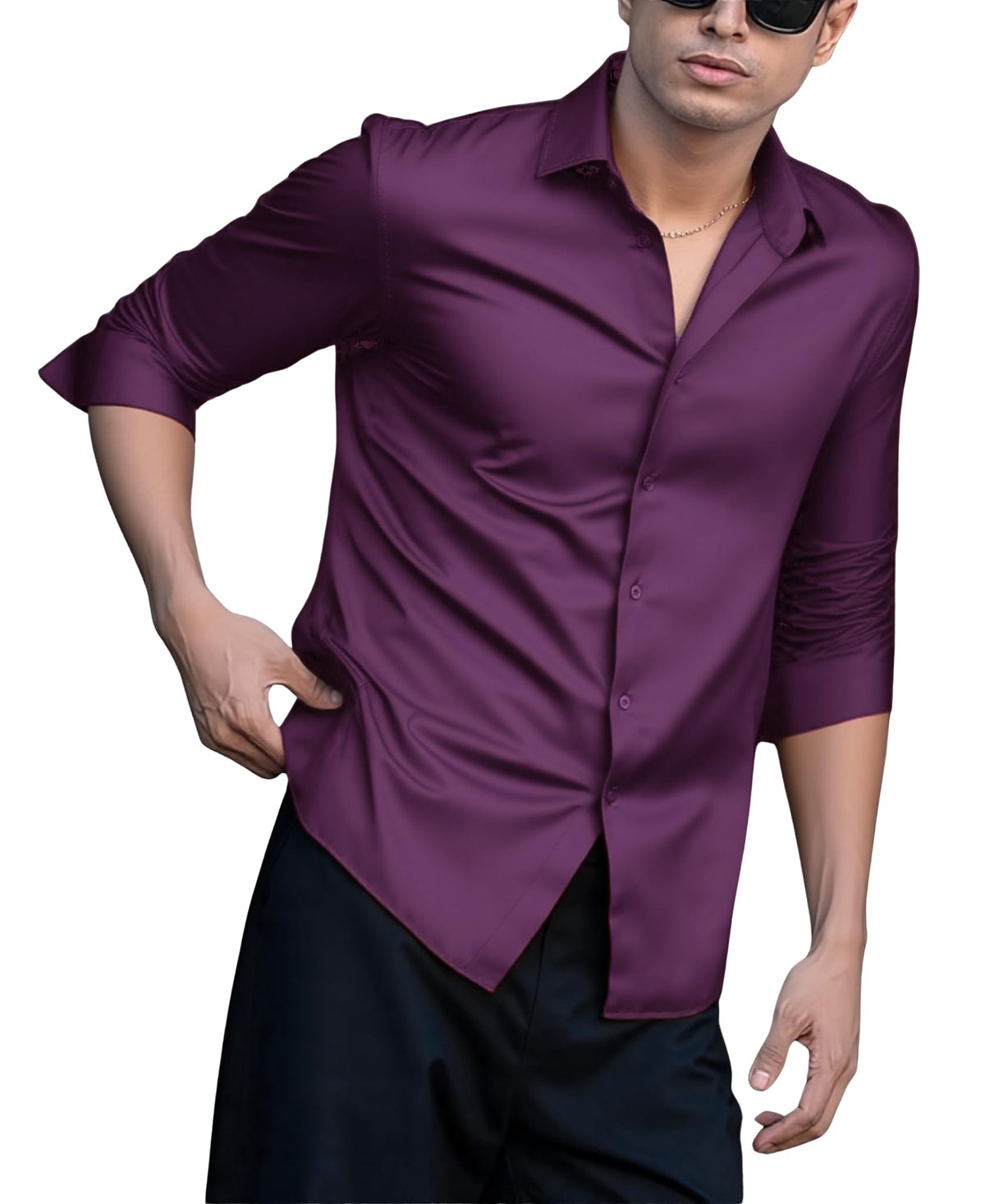 Indoprimo MenS Casual Button Down Long Sleeve Satin Plain Shirt Wine
