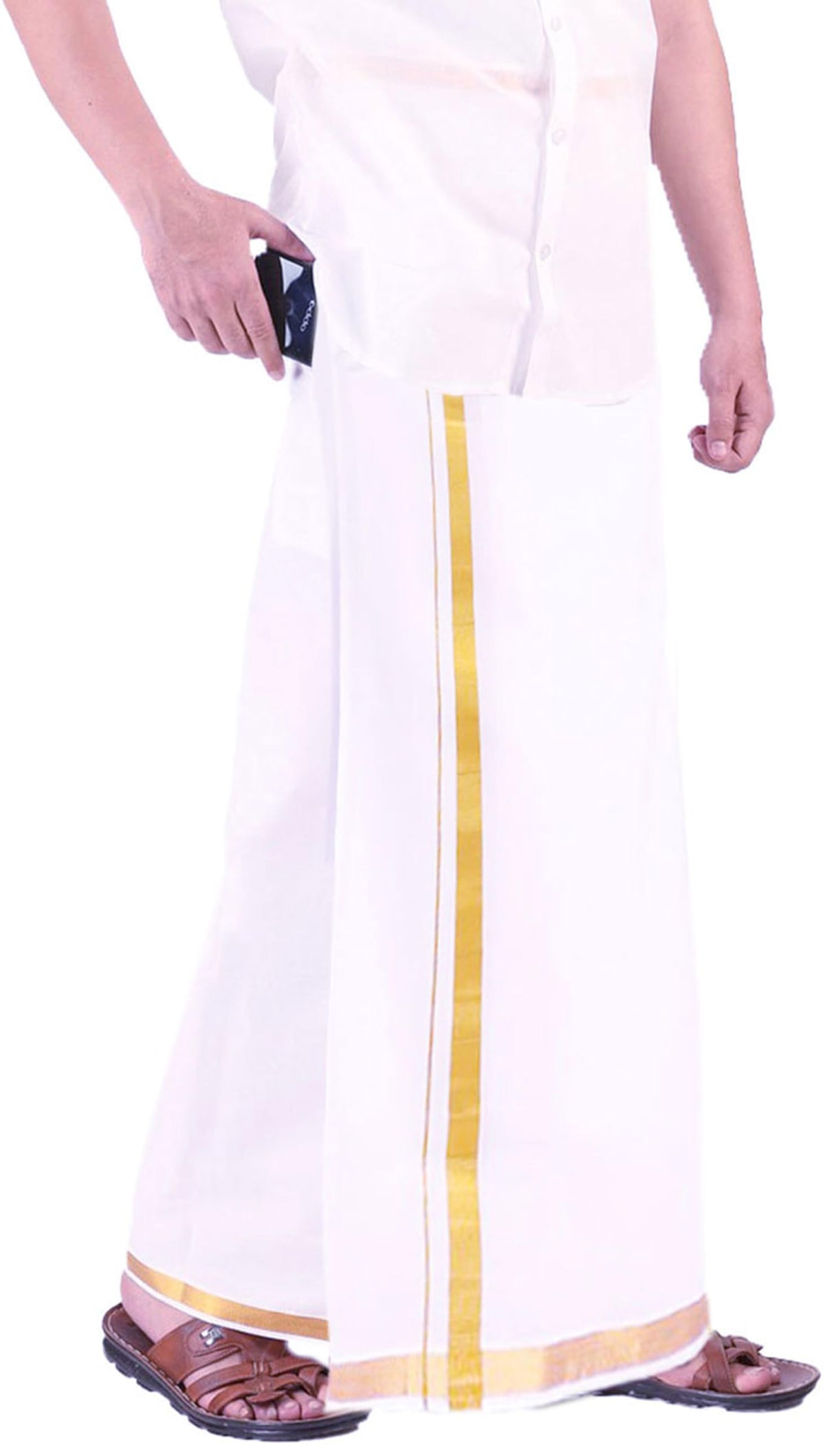 Prakasam Cotton MenS Fine Quality Welcro Pocket Jari Cotton Double Dhoti (32)