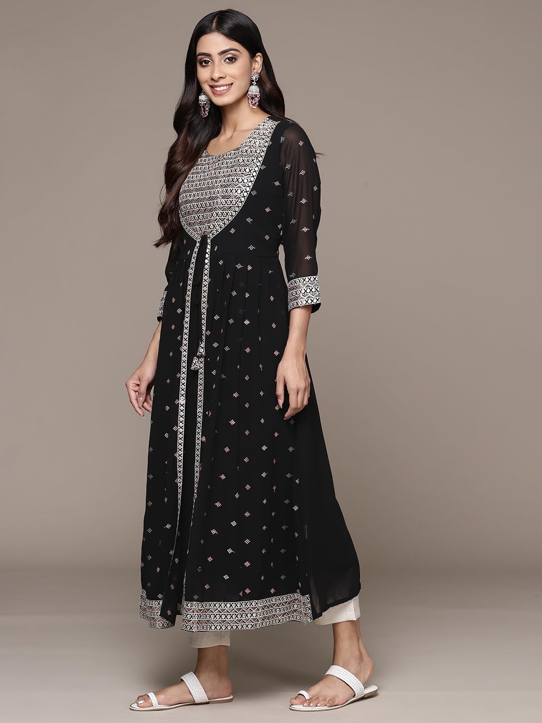 ishin Women's Georgette Ethnic Motifs Beige Anarkali Kurta