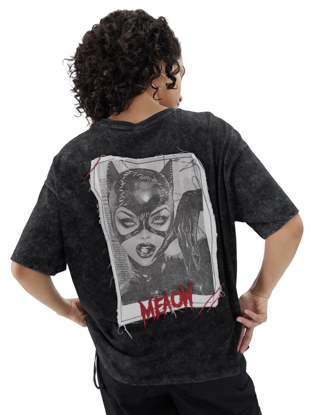 The Souled Store Official Catwoman: Meaow Women and Girls Short Sleeves Round Neck Black Graphic Printed Cotton Oversized T-Shir