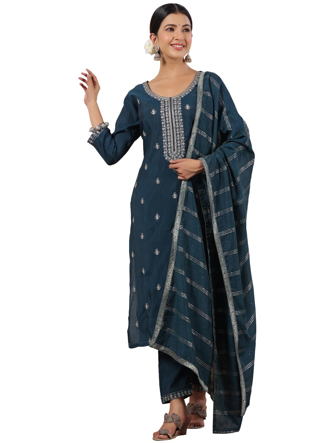 ishin Women's Silk Floral Regular Co-ord Sets