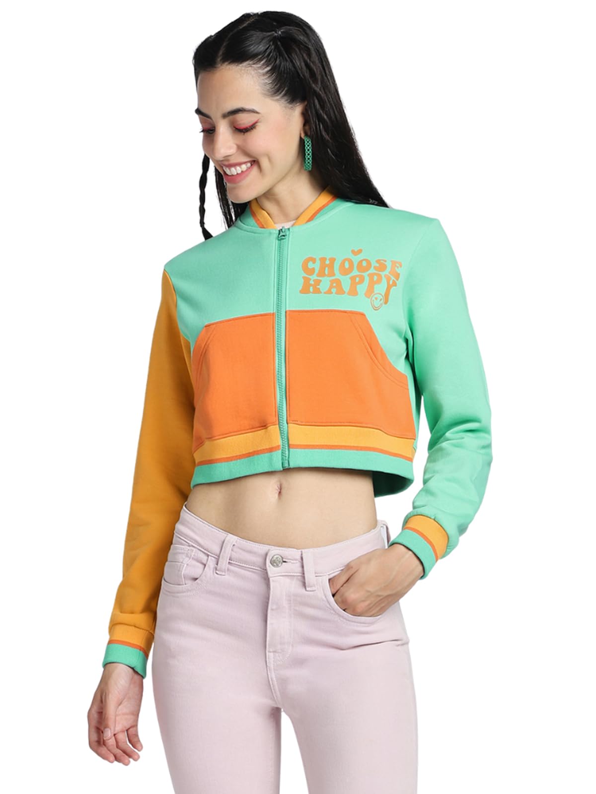 Juneberry Cotton Poly Fleece Regular Fit Multicolor Colorblocked Printed Full Sleeve Cropped Jacket For Women & Girls (Jjk0423Mc