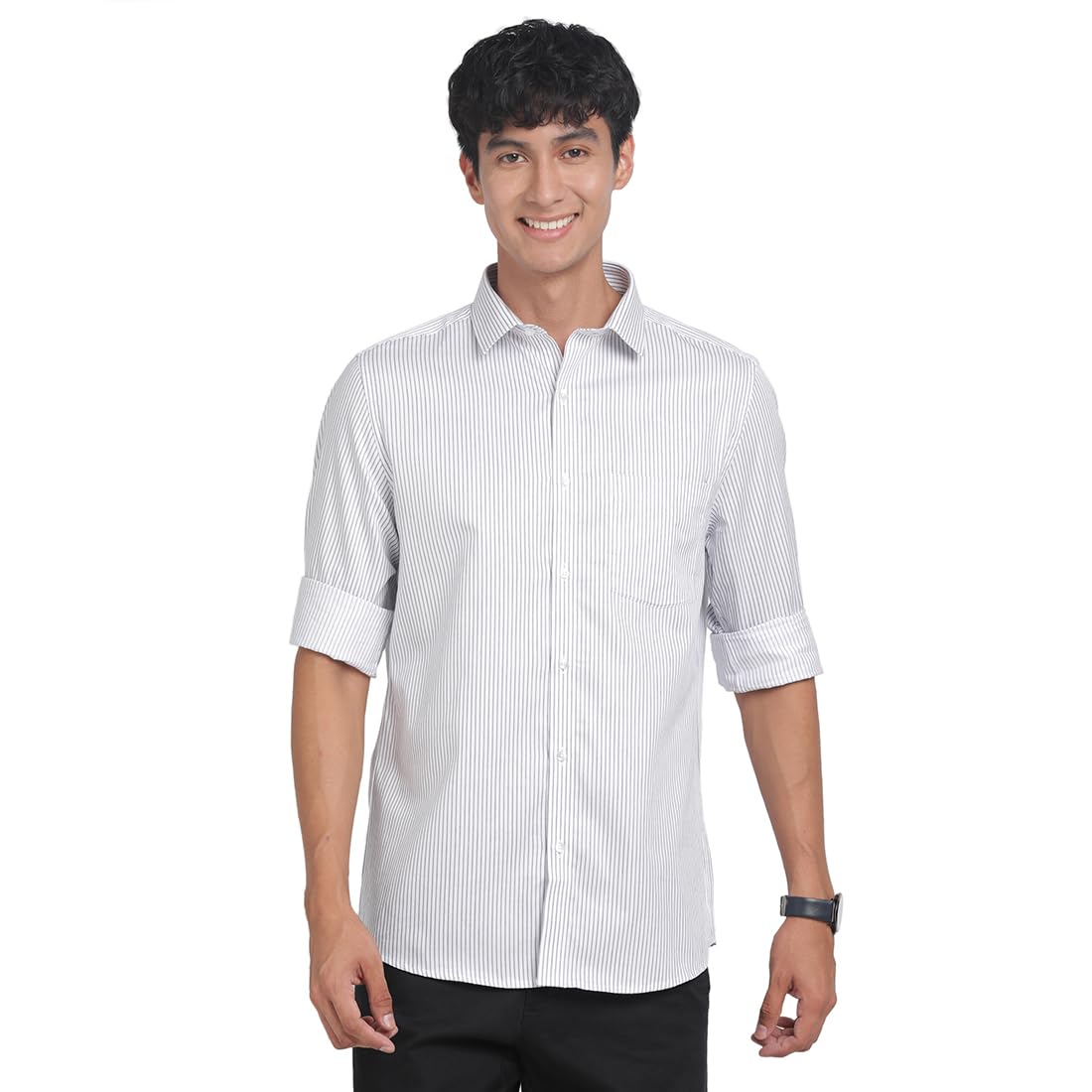 Turtle Men White Striped Full Sleeve Slim Fit 100% Cotton Formal Shirt