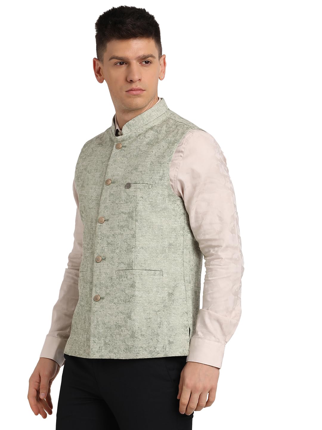 Turtle Men Terylene Rayon Grey Jacquard Party Nehru Jacket