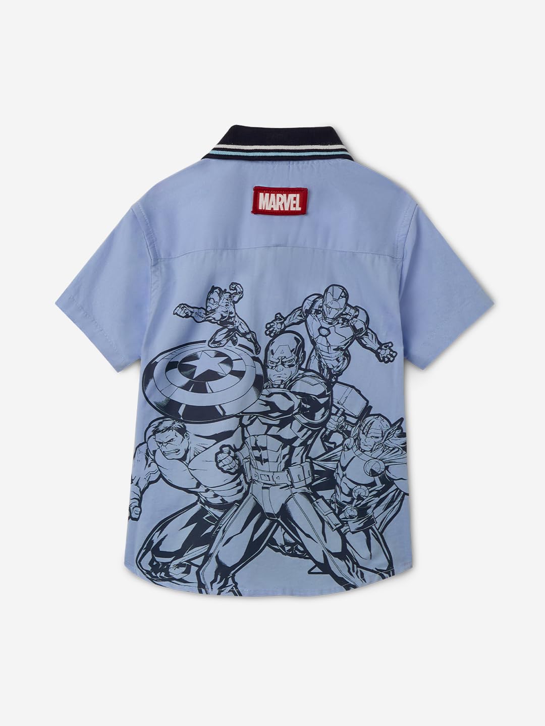The Souled Store Official Marvel Originals: Avengers Assemble Boys Short Sleeves Collared Neck Button Graphic Printed Cotton Shi