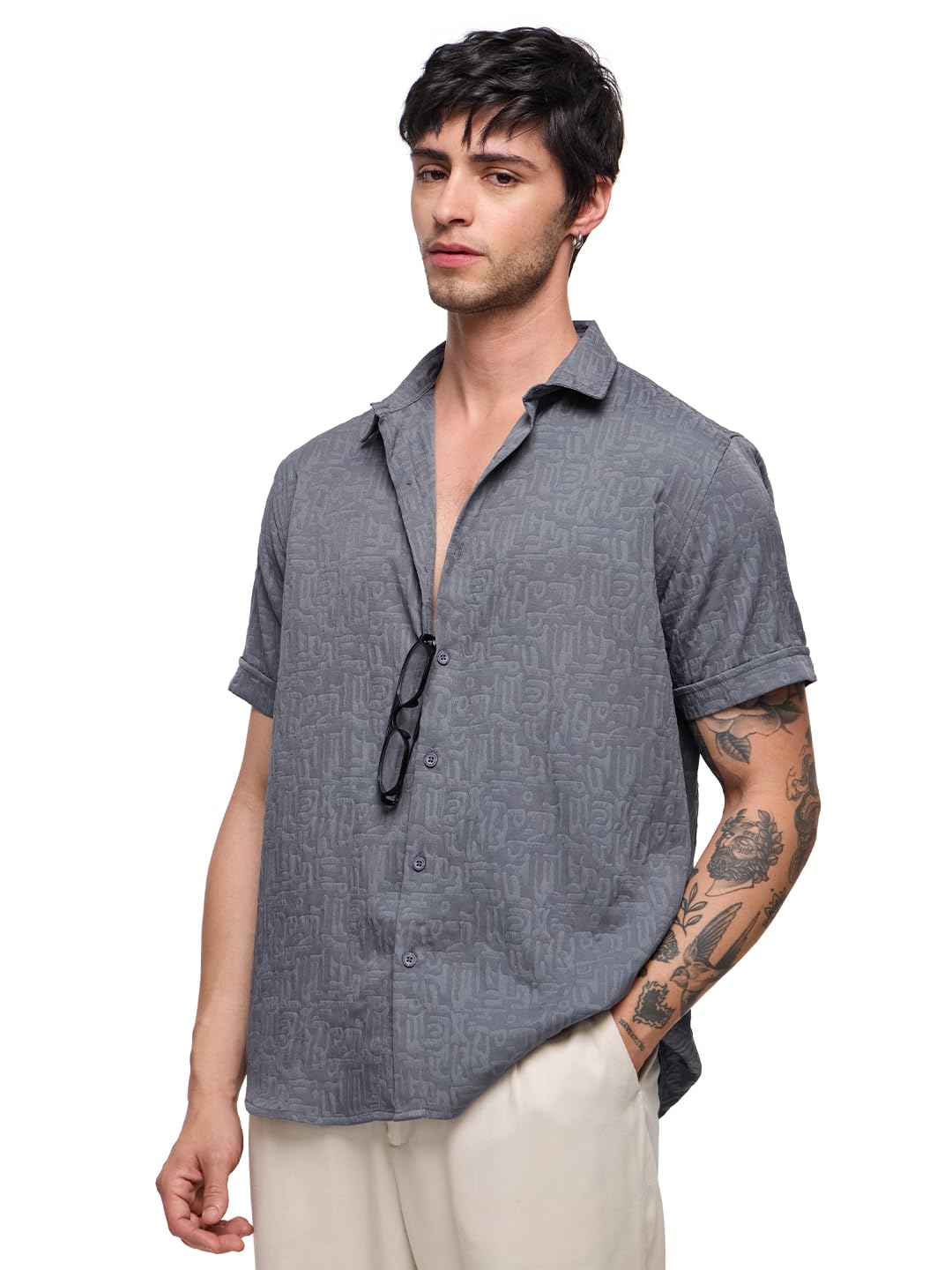 The Souled Store Silver Men and Boys Half Sleeve Collared Neck Button Front Regular Fit Textured Holiday Shirts