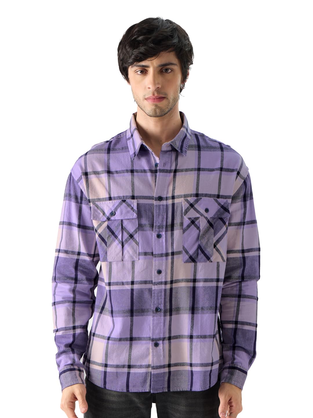 The Souled Store Plaid: Purple and Black Men and Boys Long Sleeves Collared Neck Button Front Purple Regular Fit Officewear Easy