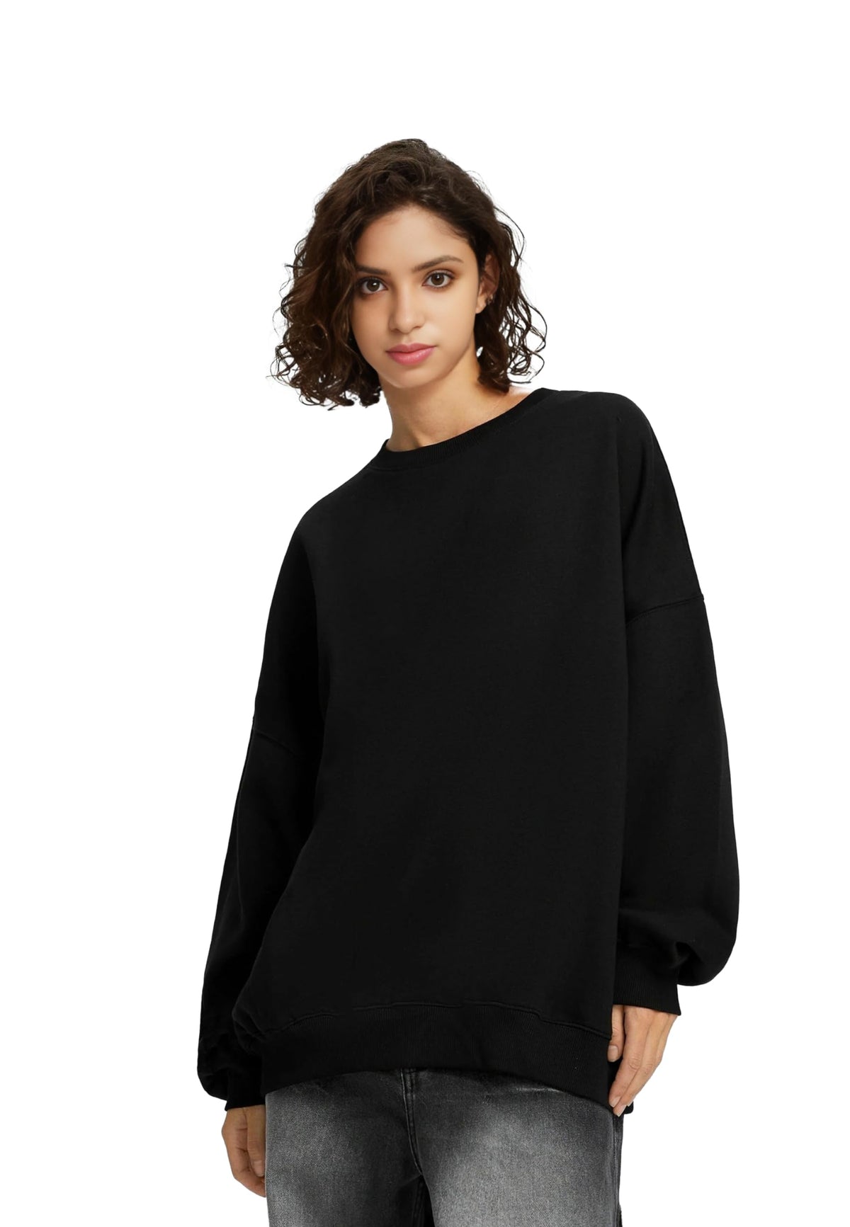 Kotty Women Full Sleeve Round Neck Oversize Solid Sweatshirt Ink Black