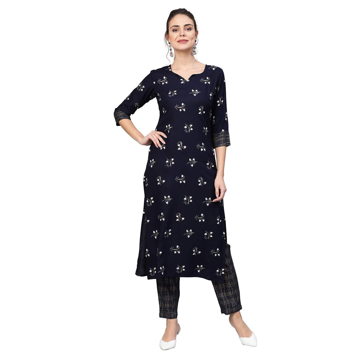 idaLia Womens Navy Blue Khari Gold Print Rayon Kurta Set