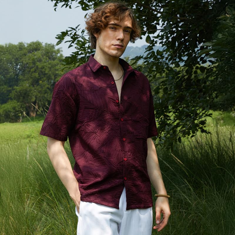 Campus Sutra Mens Wine Red Foliage-Tactile Shirt for Casual Wear | Spread Collar | Short Sleeve | Button Closure | Shirt Crafte