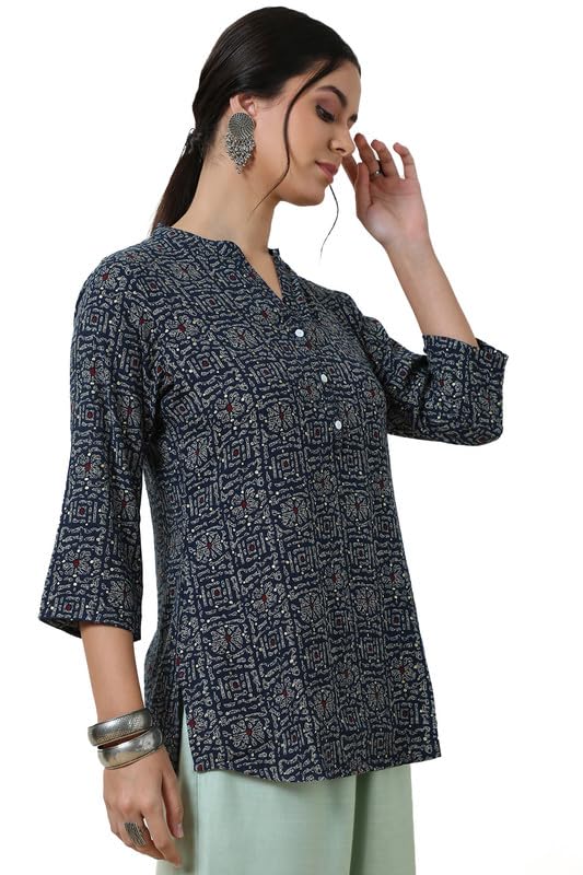Soch Womens Navy Blue Foil Print Rayon Slub Tunic