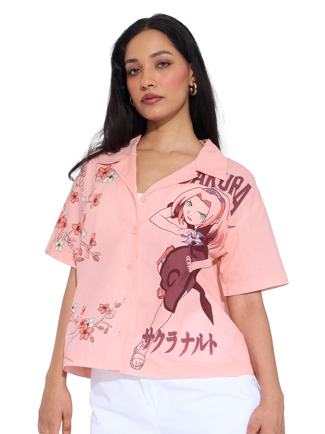 The Souled Store Naruto: Sakura Women and Girls Short Sleeves Collared Neck Button Front Pink Graphic Printed Oversized Fit Cott
