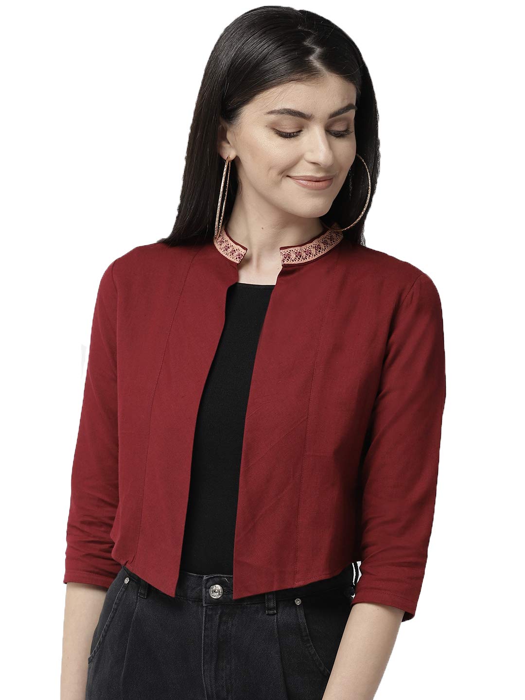 Style Quotient Women Solid Black Cotton Smart Casual Crop Shrug