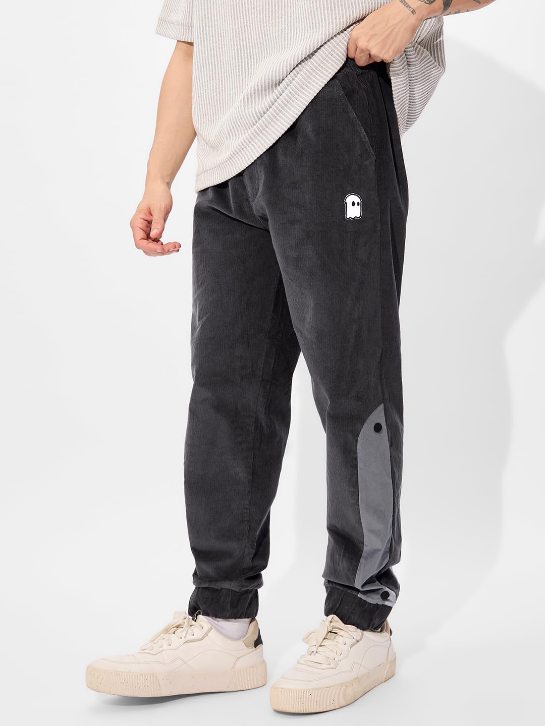 The Souled Store Corduroy Joggers: Charcoal Men and Boys Elasticated Toggles Leg Closure Beige Printed Cotton Blend Baggy Fit Ov