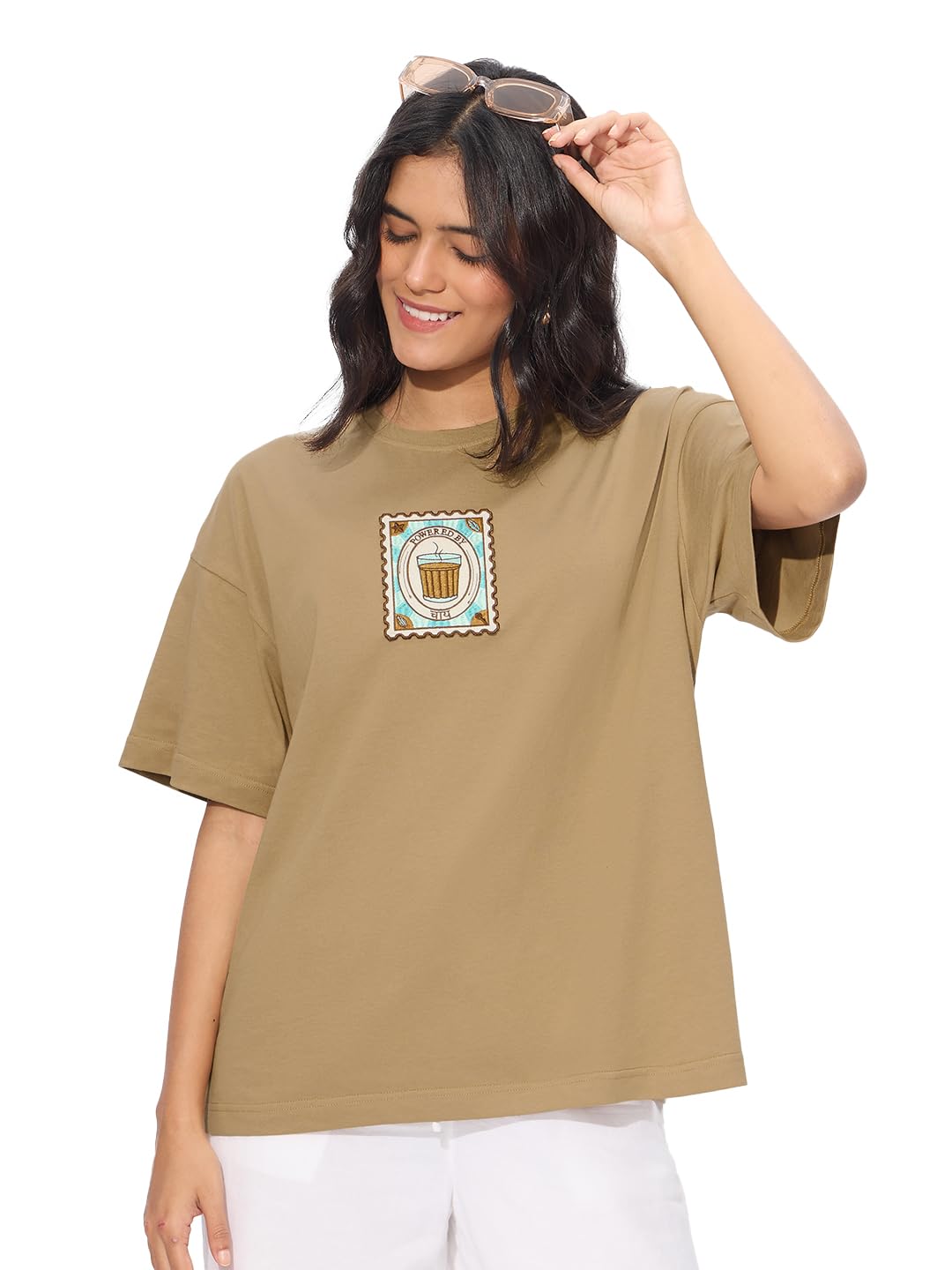 The Souled Store Chai Stamp Women and Girls Short Sleeves Round Neck Brown Applique Patch Cotton Oversized T-Shirts
