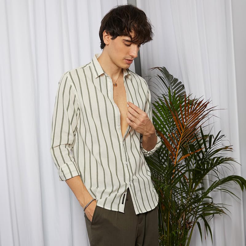 Campus Sutra Mens Saltbox Beige & Sage Green Lined Halo-Striped Shirt | Casual Wear | Spread Collar | Long Sleeve | Button Clos